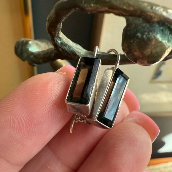 Vintage smoked quartz earrings 925 silver rectangular stone - Picture 9 of 13
